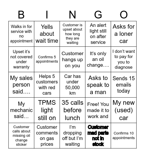 Car service bingo Card