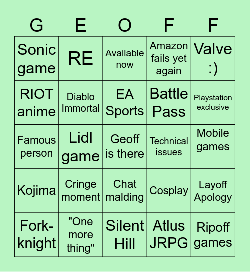 Summer Game Fest Bingo Card