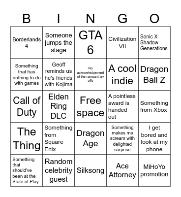 Summer Game Fest 2024 Bingo Card