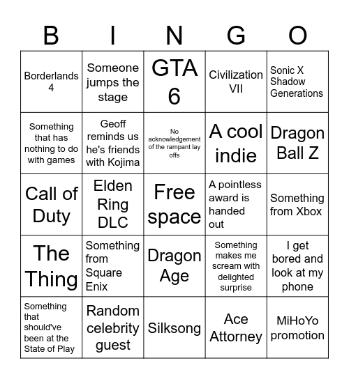 Summer Game Fest 2024 Bingo Card