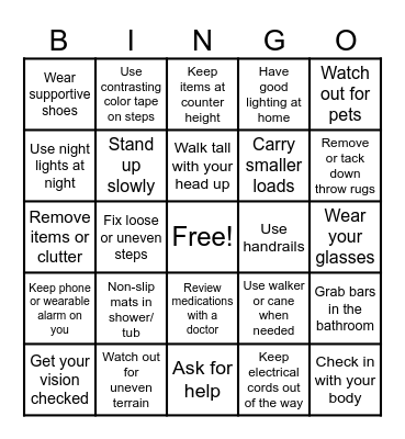 Fall Prevention Bingo Card