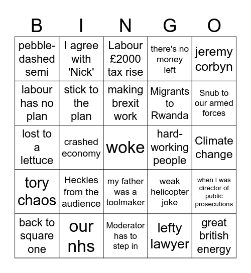UK Election Debate Bingo Card