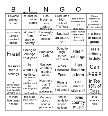 Know your fellow interns Bingo Card