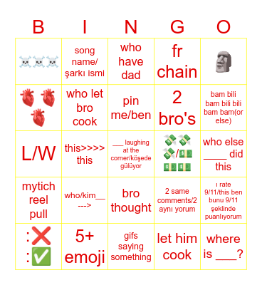 instagram comments Bingo Card