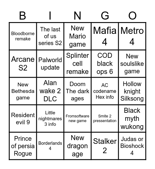 Upcomming games Bingo Card