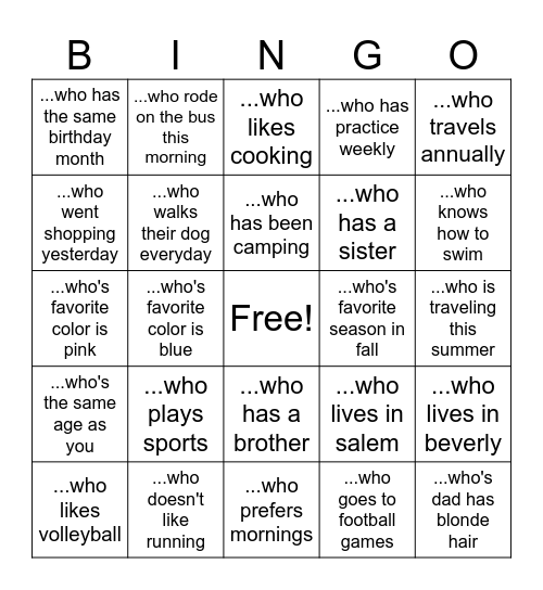 Day 1 Review (Find someone who) Bingo Card