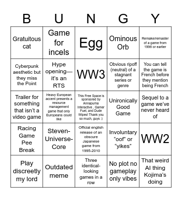 Summer Game Fest Bingo Card