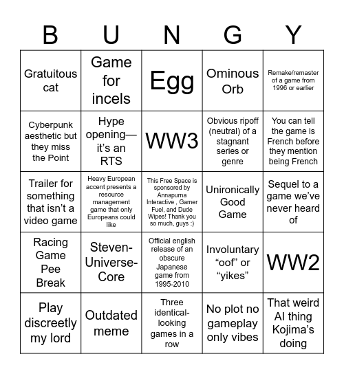 Summer Game Fest Bingo Card