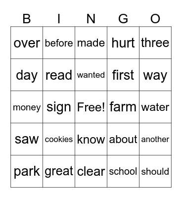 Red Words Stage 1 Bingo Card