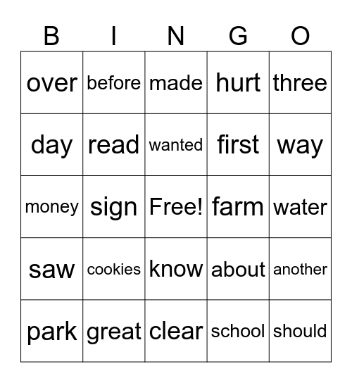Red Words Stage 1 Bingo Card