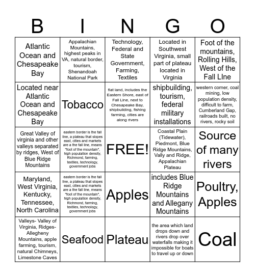 Virginia Studies 2  Bingo Card