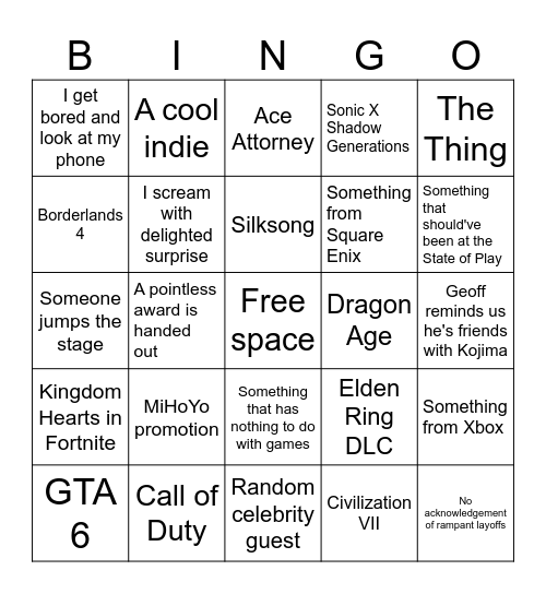 Summer Game Fest 2024 Bingo Card