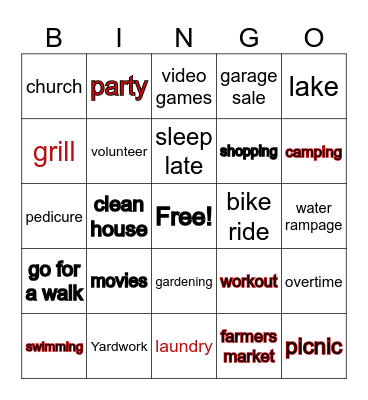 Weekend Plans Bingo Card