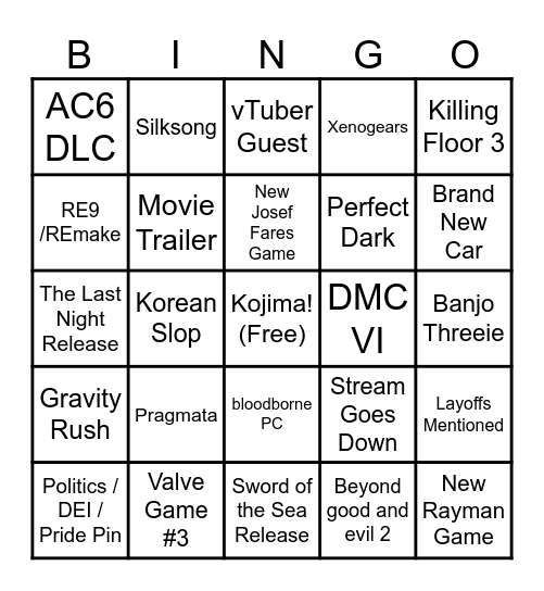 Summer Game Fest 2024 Bingo Card