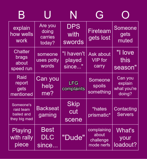 Raid & Chat Bingo Card