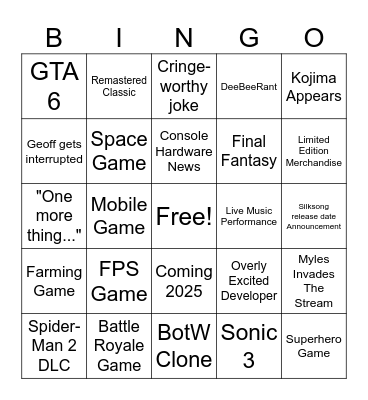 Summer Game Fest 2024 Bingo Card