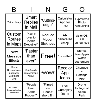 Apple WWDC 2024 Bingo Card