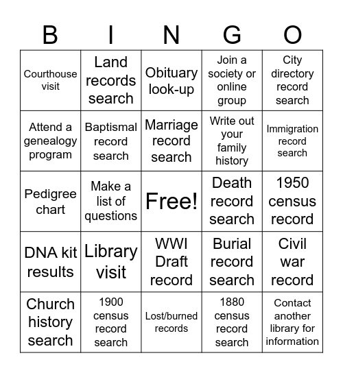 Genealogy Bingo Card