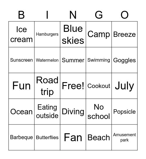 Summer Words Bingo Card