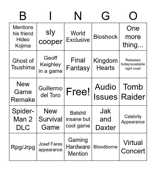 Summer Game Fest Bingo Card