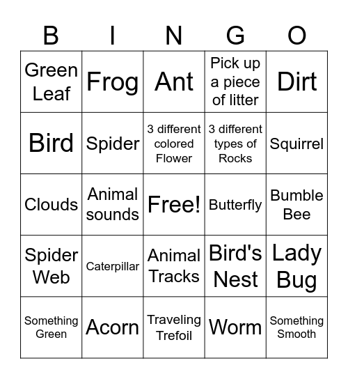 Nature Scavenger Hunt Bingo Card