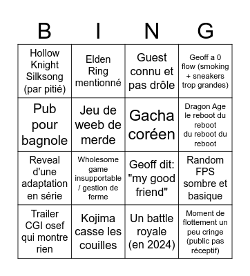 Summer Game Fest 2024 Bingo Card