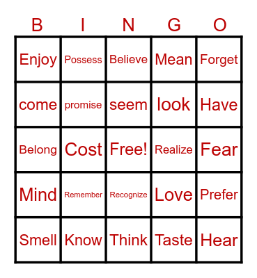 Stative Verbs Bingo Card