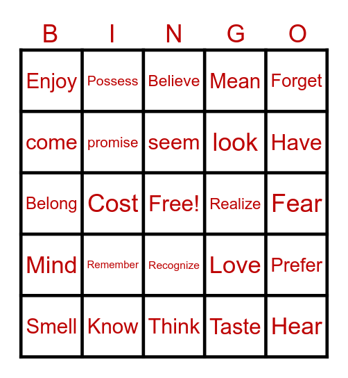 Stative Verbs Bingo Card