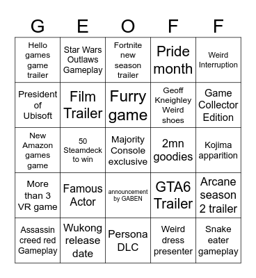 Summer game fest Bingo Card