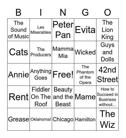 Broadway Bingo Card