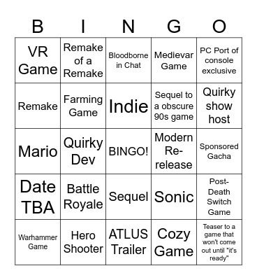 Game Showcase Bingo Card