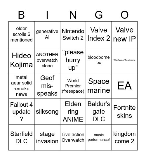 Summer Game Fest BINGO Card