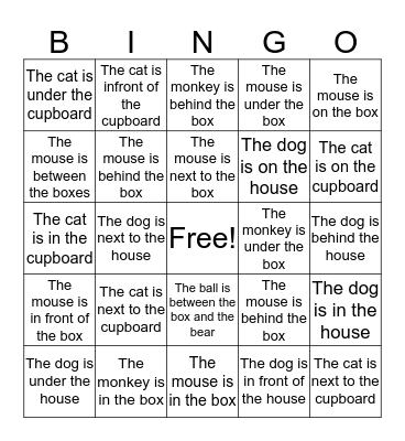 Prepositions Bingo Card