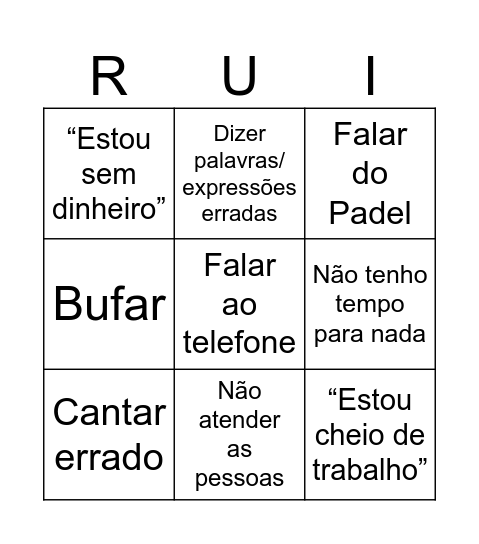 BINGO do Rui Jorge Bingo Card