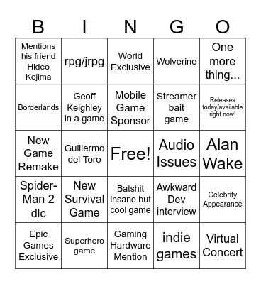 Summer Game Fest Bingo Card