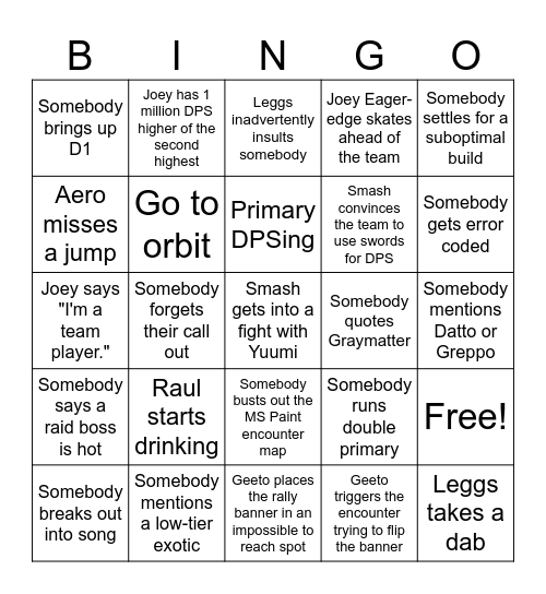 Raid Bing Bingo Card