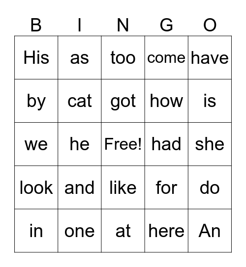 Kindergarten Trick Words Bingo Card