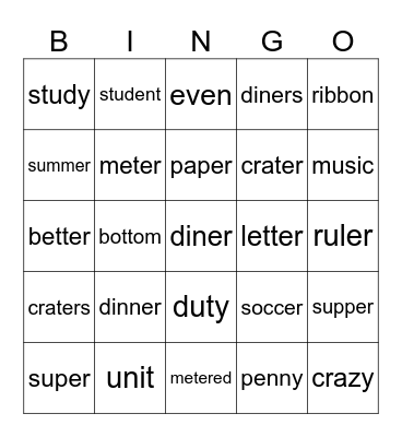 Open/Closed Syllables Bingo Card