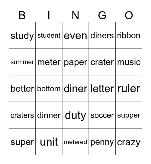 Open/Closed Syllables Bingo Card