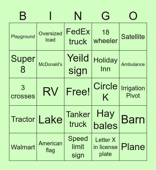 Rural Road Trippin Bingo Card