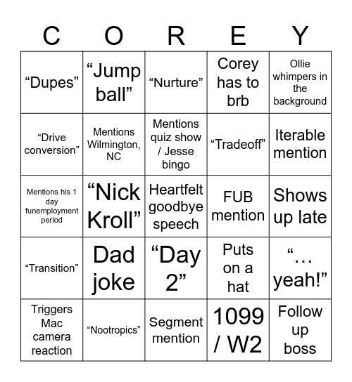 Corey's Farewell Bingo Card