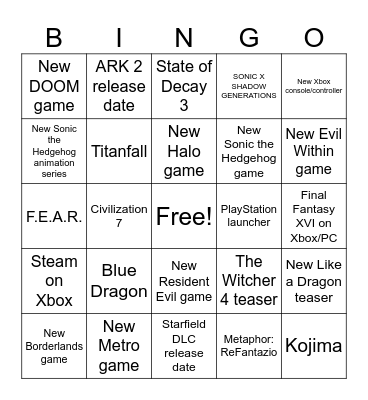 Summer Game Fest 2024 Bingo Card