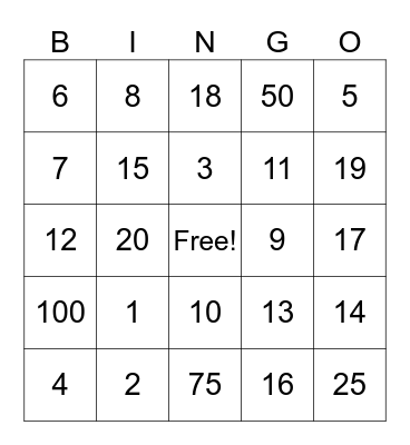 Kindergarten Bingo Card