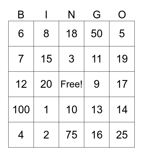 Kindergarten Bingo Card