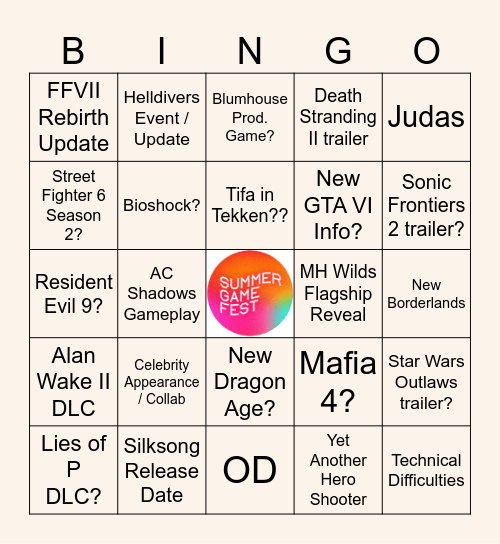 Summer Games Fest 2024 Bingo Card