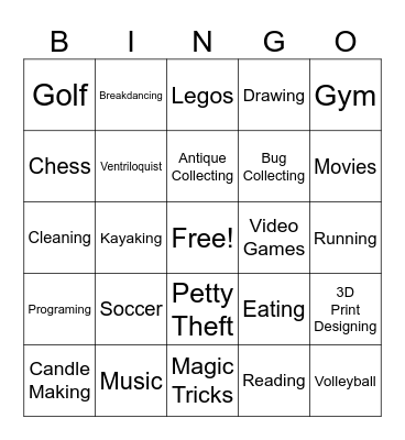 Hobbies Bingo Card