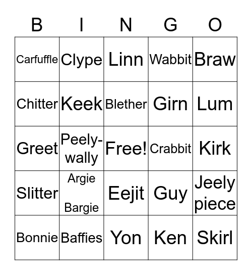 Scottish Word Bingo Card