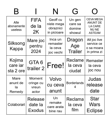 Summer game fest 2024 Bingo Card