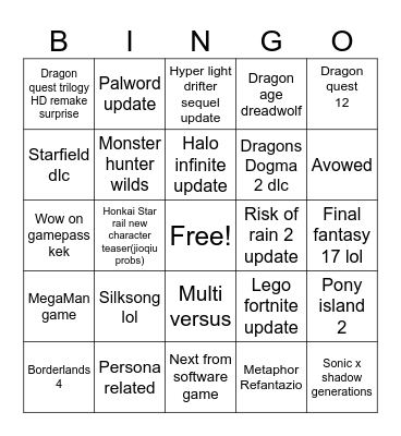 Summer games fest Bingo Card