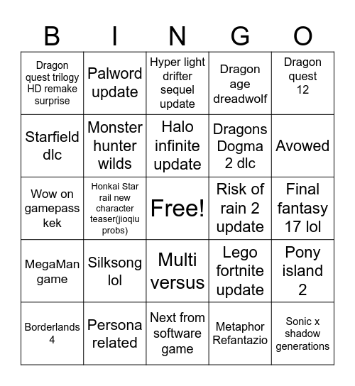 Summer games fest Bingo Card